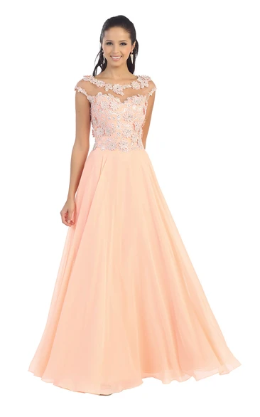 A-Line Long Scoop-Neck Cap-Sleeve Chiffon Illusion Dress With Appliques And Pleats