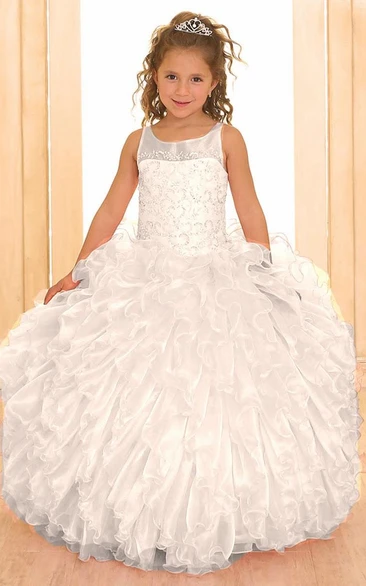 Long Ruffled Tiered Beaded Lace&Sequins Flower Girl Dress With Illusion