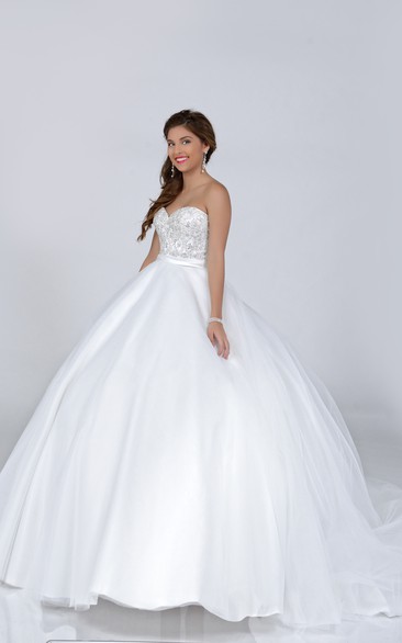 Sweetheart Tulle Overlay Satin Ball Gown Featuring Jeweled Bodice