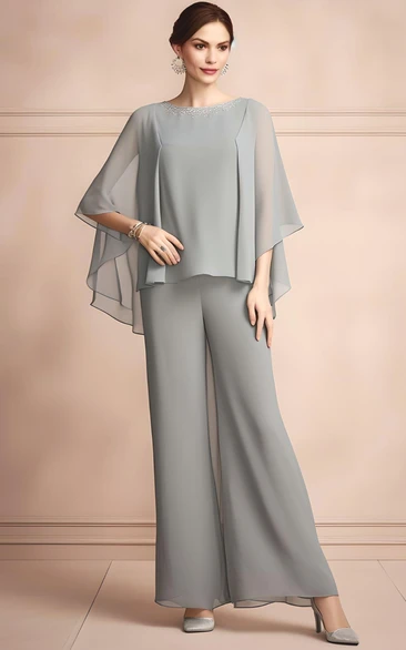 Elegant Chiffon Two Piece Mother of the Bride Dress with Bateau Neck and Half Sleeves Simple and Ethereal