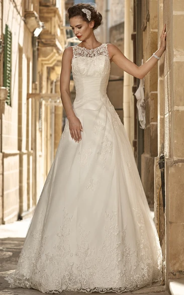 A-Line Sleeveless Scoop-Neck Long Appliqued Satin&Lace Wedding Dress With Beading