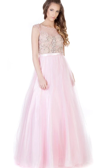 A-Line Scoop-Neck Beaded Cap-Sleeve Long Tulle&Satin Prom Dress With Ribbon