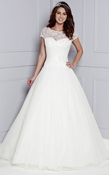 A-Line Short-Sleeve Lace Floor-Length Scoop-Neck Tulle&Lace Wedding Dress With Flower