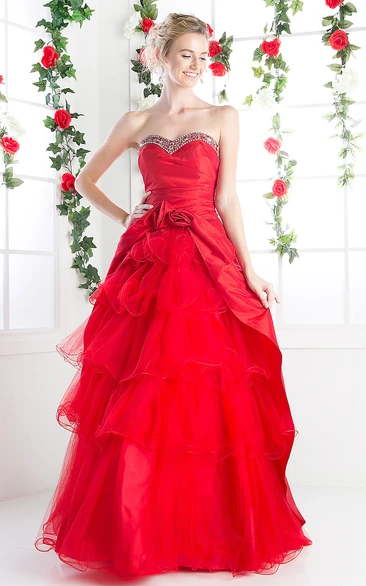 A-Line Sweetheart Sleeveless Tulle Satin Lace-Up Dress With Tiers And Flower