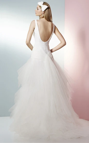 A-Line Square Sleeveless Floor-Length Cascading-Ruffle Tulle Wedding Dress With Ruching And Epaulet