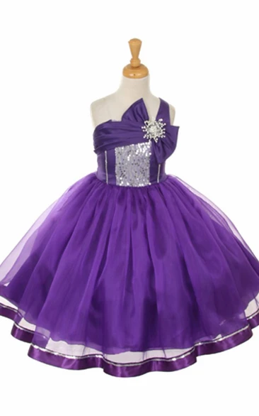 Tea-Length Broach Bowed Tiered Sequins&Organza Flower Girl Dress With Sash
