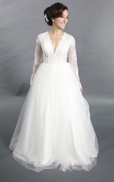 V-Neck Long Sleeve Tulle A-Line Wedding Dress With Beading
