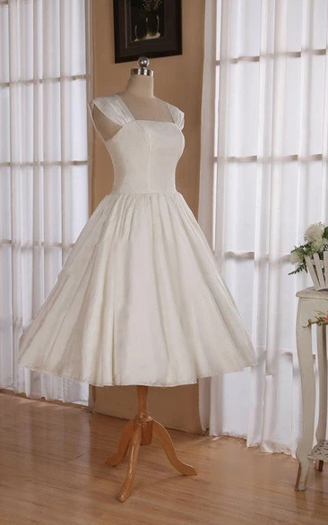 Straps Sleeveless Lace-Up Back Tea-Length Satin Wedding Dress
