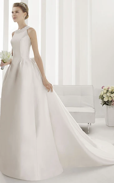Modest Sleeveless Satin Bridal Gown With Jewel Neck