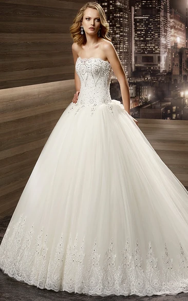 Strapless Court-train Back-bow A-line Wedding Gown with Sequins Corset and Lace-up Back