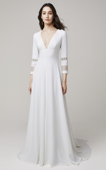 Casual A Line V-neck Satin Bridal Dress with Low-V Back