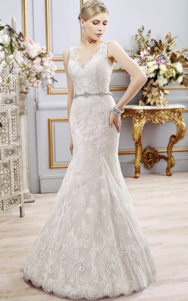 Mermaid Sleeveless V-Neck Floor-Length Appliqued Lace Wedding Dress With Deep-V Back And Waist Jewellery
