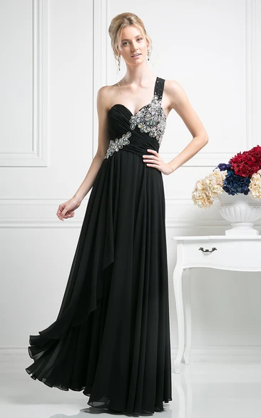 A-Line One-Shoulder Sleeveless Chiffon Dress With Beading And Draping