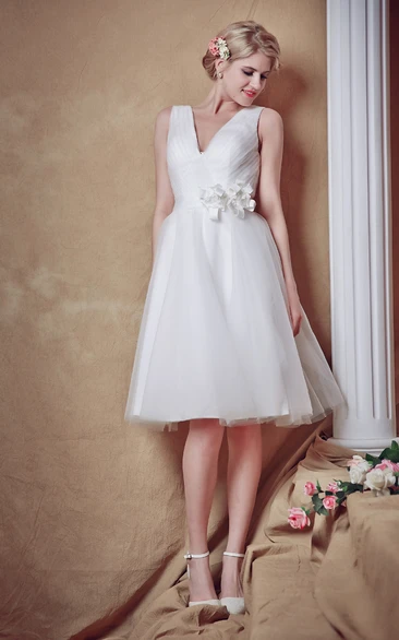 Sweet V-neck Knee Length Tulle Wedding Gown With Flower Belt