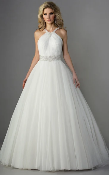 Halter A-Line Ballgown With Shining Beaded Waist And Ruches