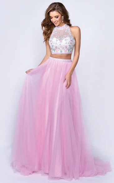 A-Line Long Jewel-Neck Sleeveless Tulle Illusion Dress With Appliques And Flower