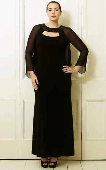 Long-Sleeve Scoop-Neck Ankle-Length Chiffon Plus Size Prom Dress