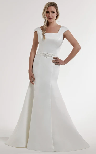 Sheath Jeweled Cap-Sleeve Square-Neck Floor-Length Satin Wedding Dress With Beading