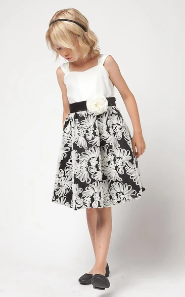 Floral Tea-Length Tiered Satin Flower Girl Dress With Embroidery