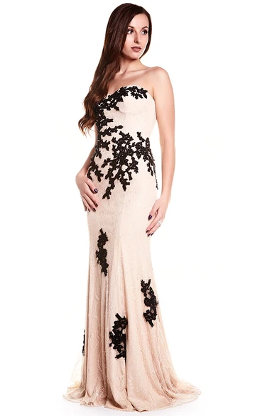 Sheath Sweetheart Appliqued Maxi Sleeveless Lace Prom Dress With Backless Style And Sweep Train
