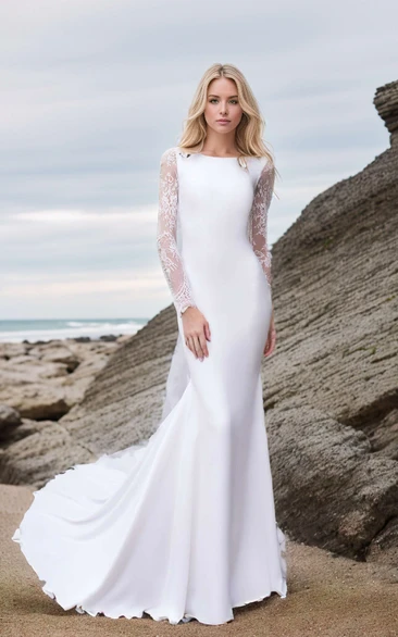 Beach Elegant Mermaid Satin High Neck Wedding Dress Romantic Illusion Long Sleeve Low-V Button Back Chapel Train Bridal Gown