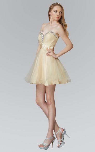 A-Line Short Sweetheart Sleeveless Tulle Satin Dress With Beading And Criss Cross