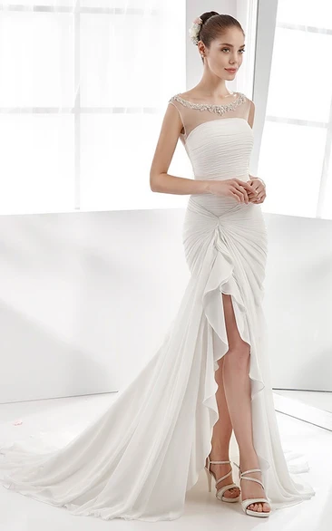 Cap-Sleeve High-Low Pleating Chiffon Wedding Dress With Beaded Neckline And Side Bandage