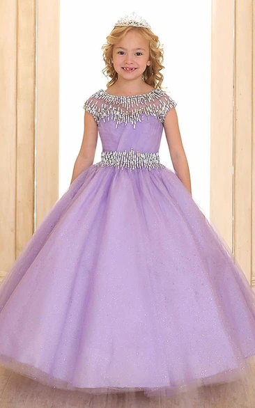 Floor-Length Illusion Tiered Pleated Tulle&Organza Flower Girl Dress With Ribbon