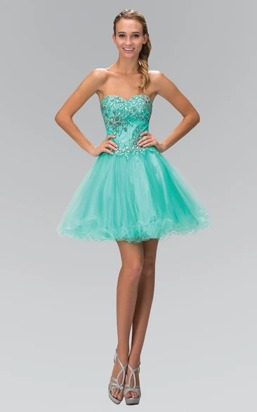 A-Line Mini Sweetheart Sleeveless Tulle Dress With Beading And Ruffles