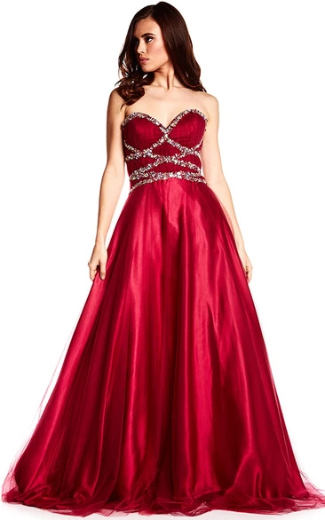 A-Line Sweetheart Long Sleeveless Ruched Satin Prom Dress With Corset Back And Beading