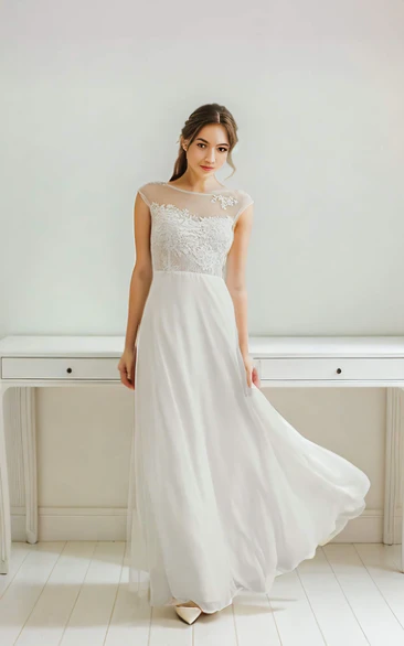 Lace Appliques Sleeveless Elegant Jewel Neck Ankle-length Sheath Wedding Bride Dress with Button Illusion Back
