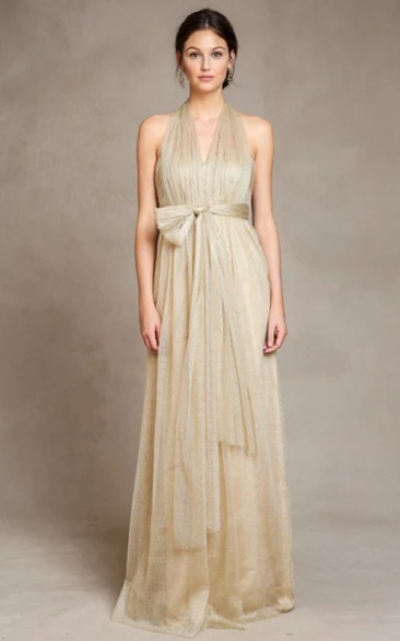 Sleeveless Bowed Empire V-Neck Tulle Bridesmaid Dress With Draping And Straps