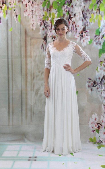 V-Neck Half Sleeve Lace and Chiffon Wedding Dress With Pleats
