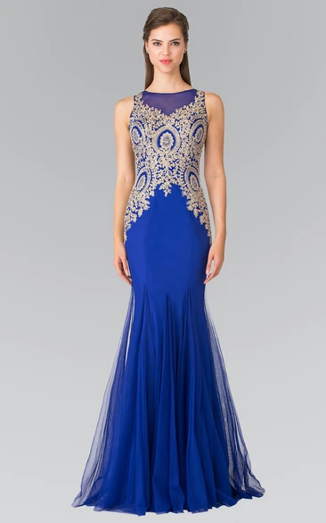 Trumpet Jewel-Neck Jersey Tulle Illusion Dress With Appliques And Beading