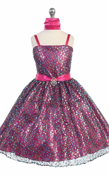Tea-Length Cape Beaded Tiered Sequins&Satin Flower Girl Dress With Ribbon