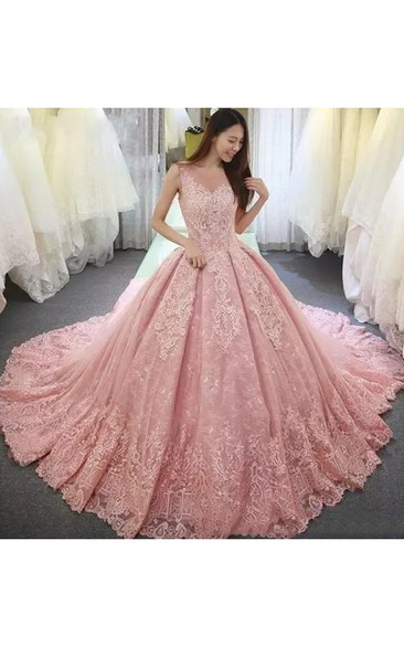 Illusion 3 4 Length Sleeve V-neck Ball Gown Lace Tulle Lace-up Corset Back Wedding Dress
