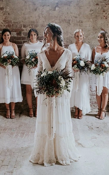 Bohemian Lace V-Neck Wedding Dress with Illusion Sleeves Sexy Beach Garden Style