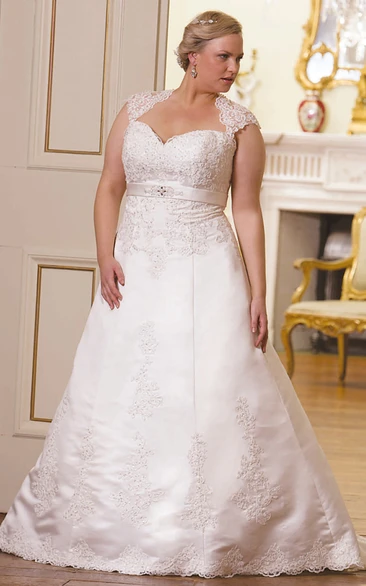 A-Line Cap-Sleeve Floor-Length Sweetheart Lace Plus Size Wedding Dress With Appliques And Keyhole