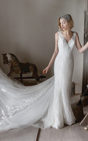 V-Neck Maxi Appliqued Lace Wedding Dress With Chapel Train And Illusion