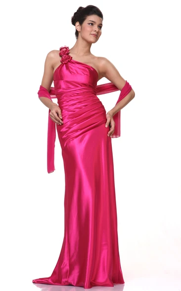 Sheath One-Shoulder Sleeveless Satin Dress With Flower And Ruching