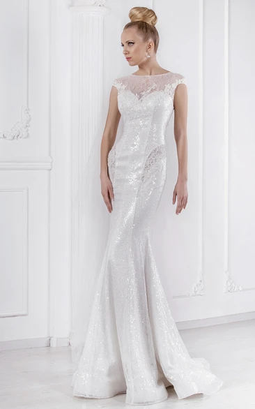 Sheath Jewel-Neck Sequined Sleeveless Lace Wedding Dress With Illusion