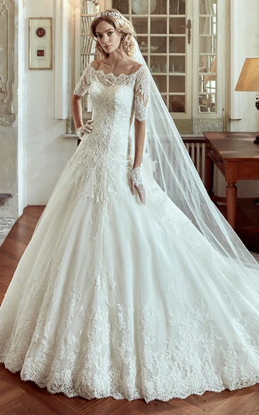 Off-shoulder A-line Wedding Dress with Half Sleeves and Court Train 