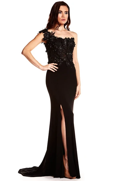 Sheath One-Shoulder Sleeveless Long Split-Front Jersey Prom Dress With Zipper Back And Appliques