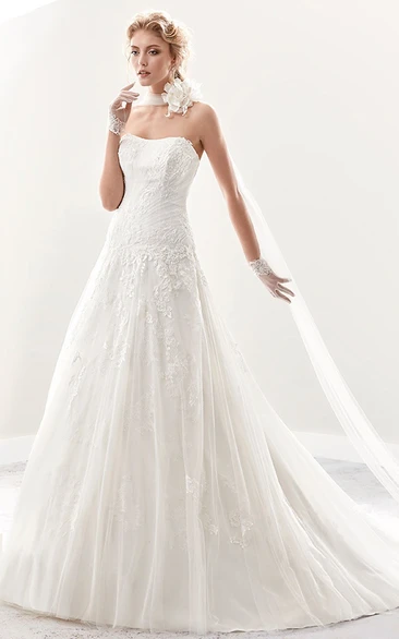 Strapless Brush-Train A-Line Lace Bridal Gown With Pleated Details