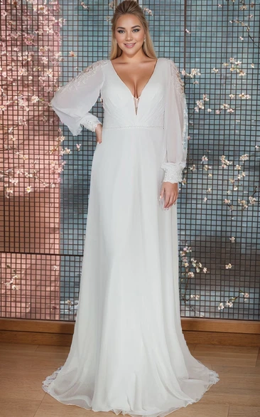 Modest Plus Size Long Sleeves Bridal Gown Gorgeous Floor-length Dress with Plunging Neckline and Exquisite Tied Back