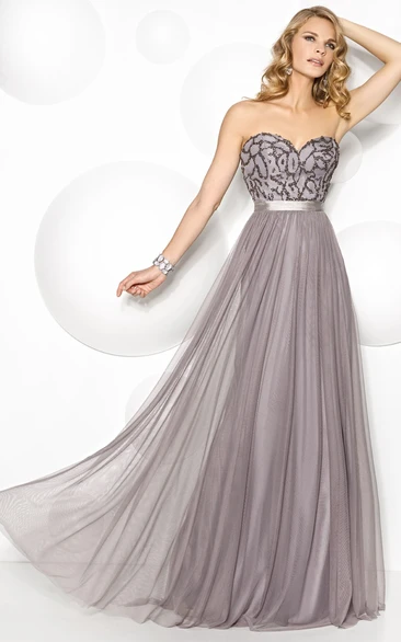 A-Line Sweetheart Sleeveless Floor-Length Beaded Tulle Prom Dress With Pleats