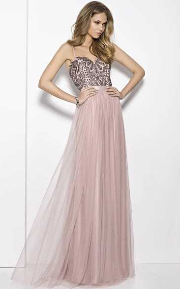 A-Line Sleeveless Strapped Beaded Maxi Tulle Prom Dress With Pleats