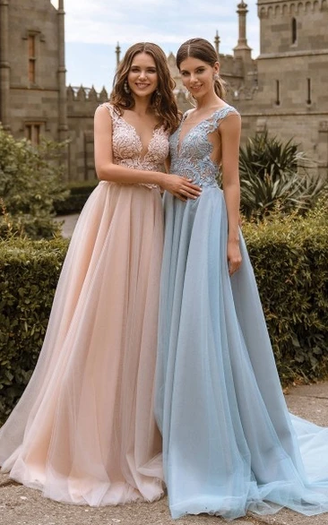 Sexy Illusion Back Tulle Bridesmaid Dresses Elegant Lace V-Neck Dresses