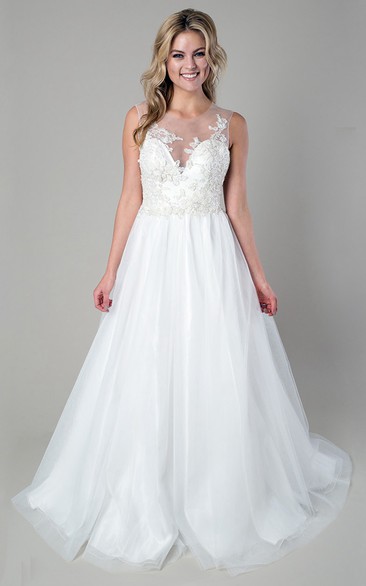 A-Line Sleeveless Long Scoop-Neck Appliqued Satin&Tulle Wedding Dress