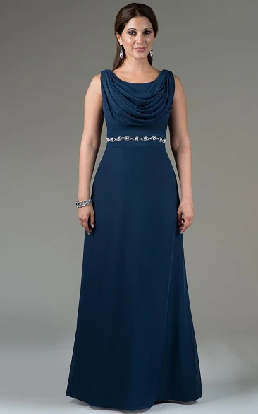 Front Drape Scoop Neck A-Line Chiffon Long Bridesmaid Dress With Crystal Waist